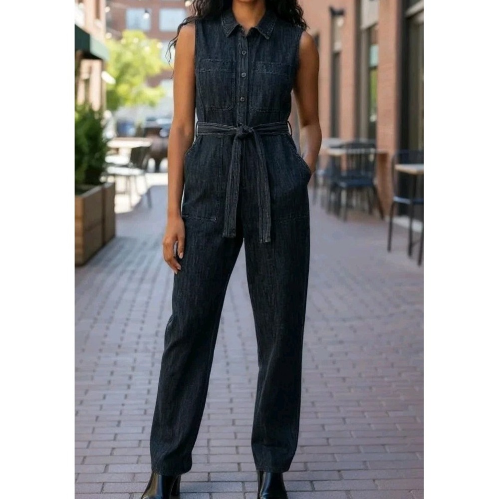 Current Air Anthropologie Sleeveless Denim Jumper Dark Wash w Tie Belt Size S